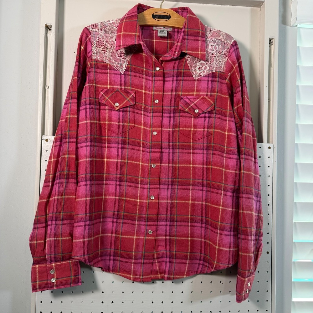 Vintage‎ Wrangler Wrancher Shirt Women's Pink Plaid Pearl Snap Western - Large